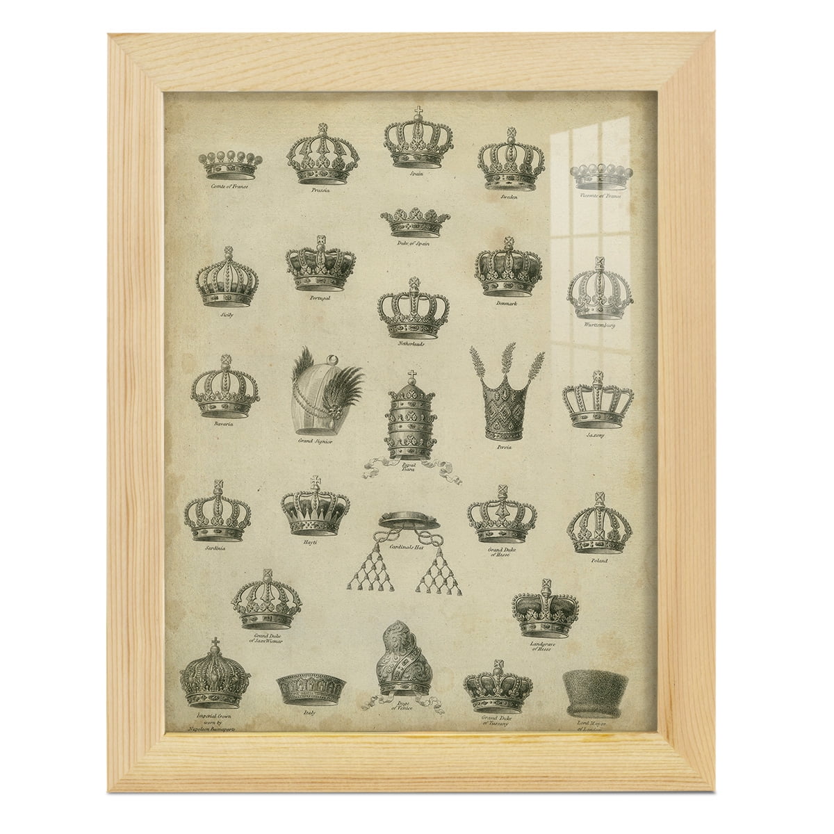 Heraldic Crowns & Coronets II -Framed Print w/glass-Natural Wood