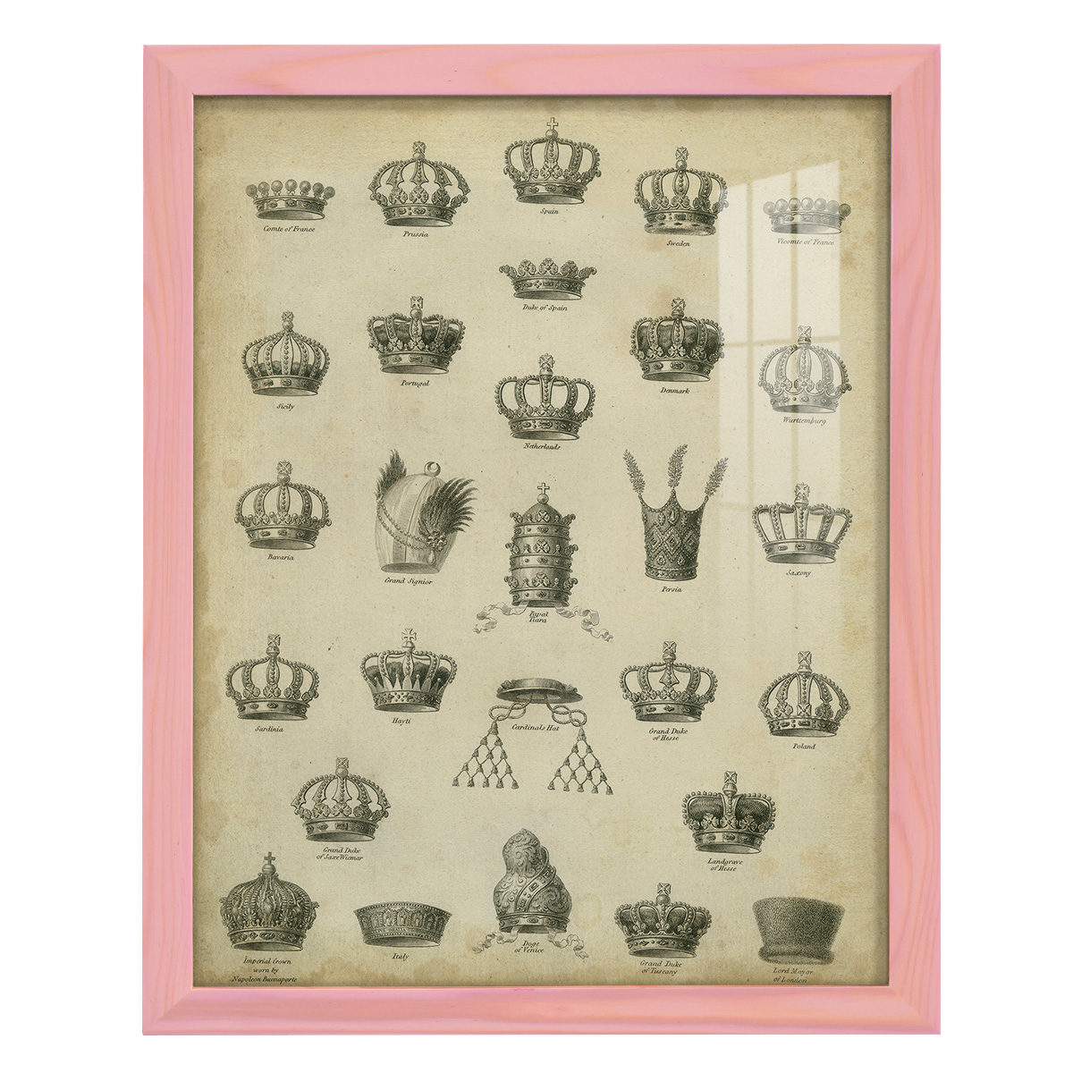 Heraldic Crowns & Coronets II -Framed Print w/glass-Sunset Pink