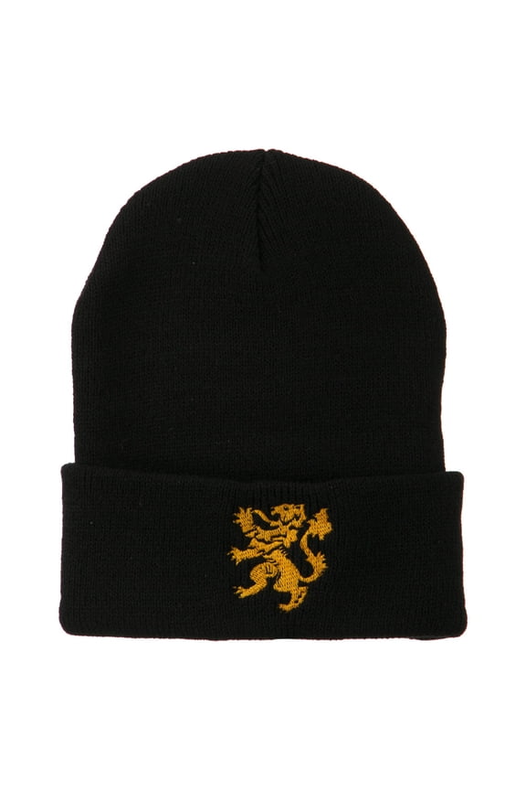 Heraldic Lion Embroidered Long Beanie - Black OSFM