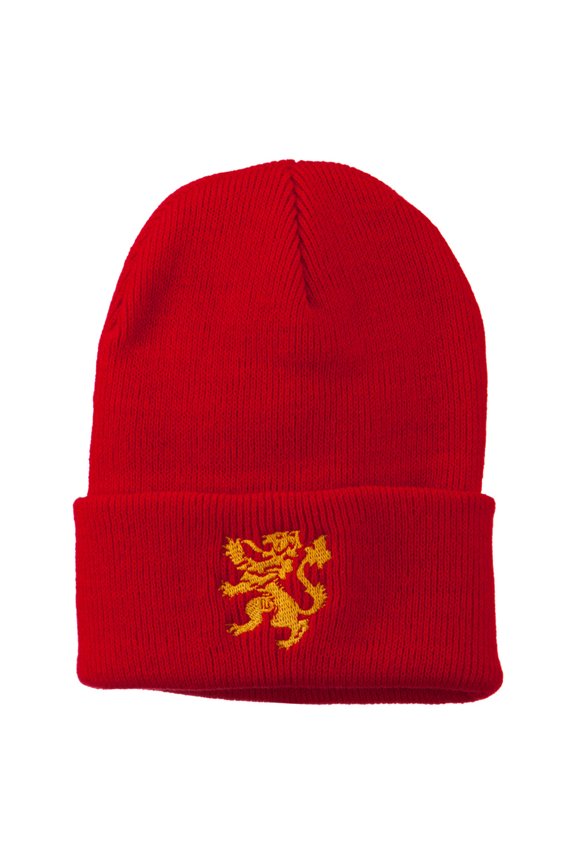 Heraldic Lion Embroidered Long Beanie - Red OSFM