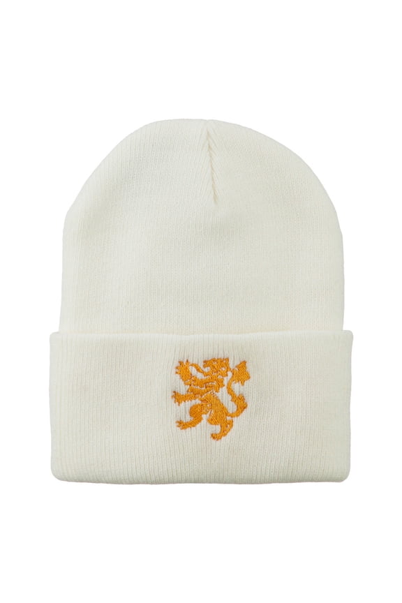 Heraldic Lion Embroidered Long Beanie - White OSFM