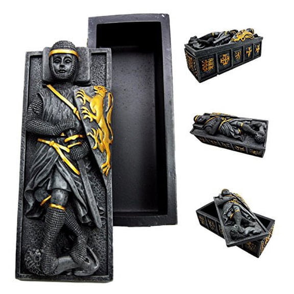 Heraldry Lion Crest Medieval Knight of Templar Coffin Casket Jewelry Box Resin Figurine