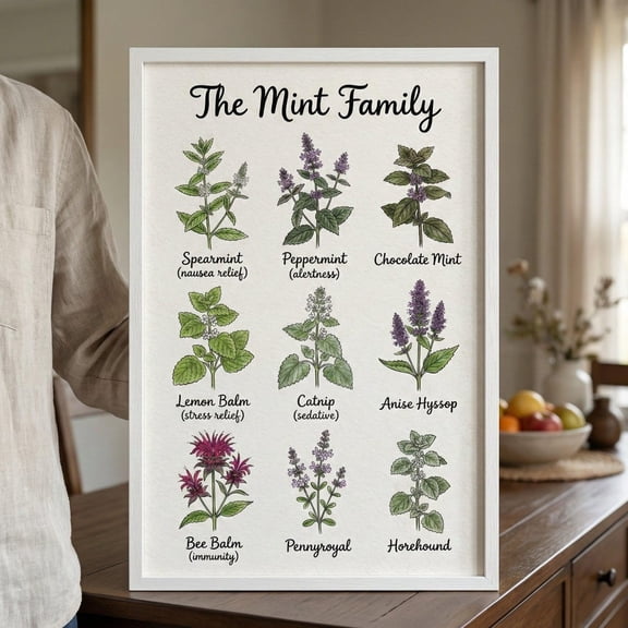 Herb Chart Vintage Botanical Wall Art, Mint Family Kitchen Decor, Apothecary Print, Unframed Canvas 8x10in