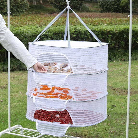 Herb Drying Rack 3 Layer Hanging Mesh Net, Herb Dryer Hanging Rack with Herb Stripper, Foldable Hanging Mesh Dryer for Buds, Fruits, Vegetables, Fish, Clothes, Doll(White)