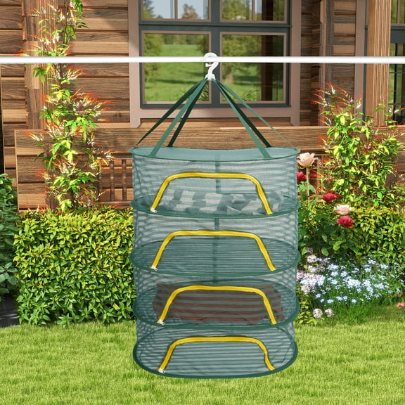 Herb Drying Rack 4 Layers Hanging Mesh Net with Zipper Closure Foldable Mesh Drying Rack Multifunctional Drying Net for Clothes Toys Vegetables Fruits Fish