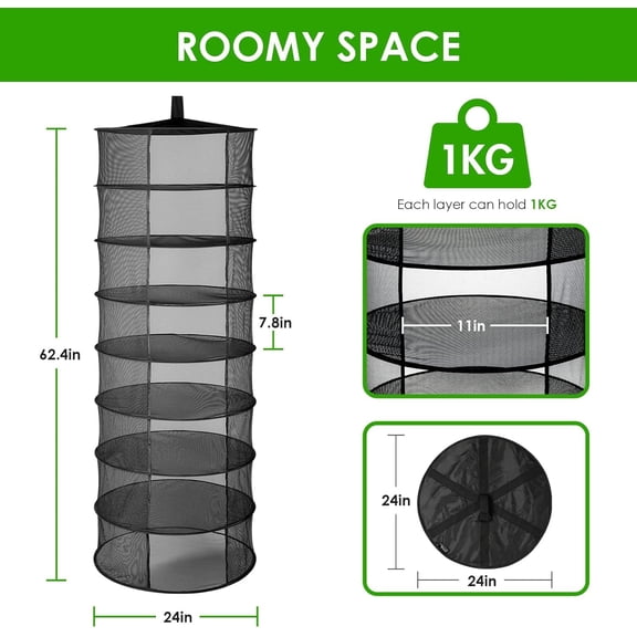 Herb Drying Rack 8-Layer 2ft Mesh Hanging Net Dryer Collapsible with Opendoor, Pothook and Storage Bag, for Hydroponics Flowers, Buds, Fruits, Seafoods, Clothes, 2 Packs