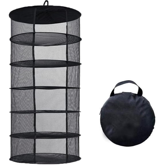 Herb Drying Rack Hanging, 6 Layer Collapsible Mesh Dry Net Herb Dryer with S Hang Buckle and Storage Bag, Black (Diameter 60 cm)
