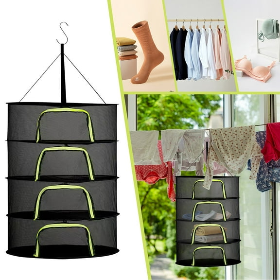 Herb Drying Rack Hanging Drying Net 4 Layer Collapsible Mesh Dryer for Plants Vegetables, 23.6 inch Large Drying Net for Flower Buds, Zippered Dry Net with S-Hook,Black
