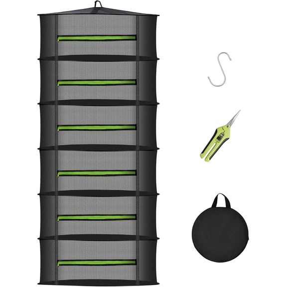 Herb Drying Rack with Mesh Design, Hanging Drying Rack with Green Zipper & Garden Pruning Shears – Versatile Plant Drying Solution (6 Layers)