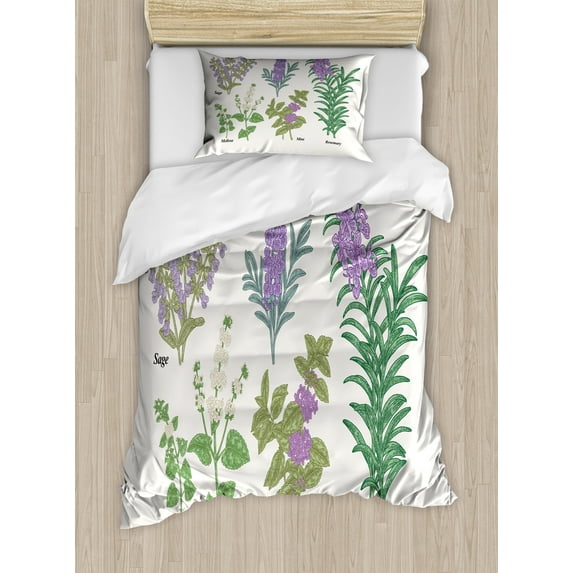Herb Duvet Cover Set, Botanical Infographic with Sage Melissa Lavender Mint and Rosemary Plants, Decorative 2 Piece Bedding Set with 1 Pillow Shams, Twin Size, Coconut and Multicolor, by Ambesonne
