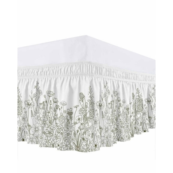 Herb Flower Farmhouse Garden Bed Skirt Vintage Lines Bed Skirts King Size 18 Inch Drop, Wrap Around Dust Ruffle Bedskirt with Adjustable Elastic Belt for Queen Size Beds