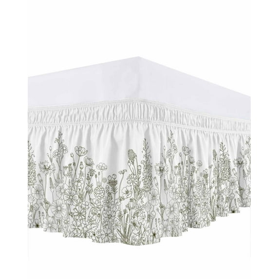 Herb Flower Farmhouse Garden Ruffle Bed Skirt King Size Vintage Lines Adjustable Elastic Dust Bed Skirts Wrap Around Bedskirt Wrinkle Free Easy Fit with 18 Inch Drop