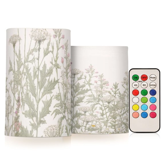 Herb Flower Flickering Flameless Candles Battery Operated with Remote Timer LED Pillar Candles Set of 2