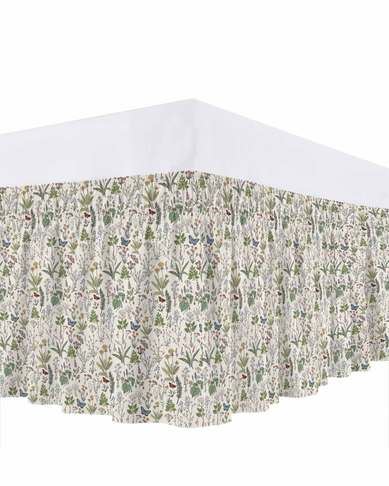 Herb Flower Texture Bed Skirt King Size 16 Inch Drop, Retro Watercolor Country Farmhouse Adjustable Elastic Dust Ruffles Bedskirt for King Bed Wrap Around Pleated Mattress Frame Cover