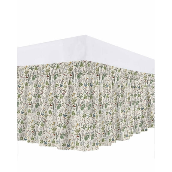 Herb Flower Texture Bed Skirt Retro Watercolor Country Farmhouse Bed Skirts Queen Size 18 Inch Drop, Wrap Around Dust Ruffle Bedskirt with Adjustable Elastic Belt for Queen Size Beds