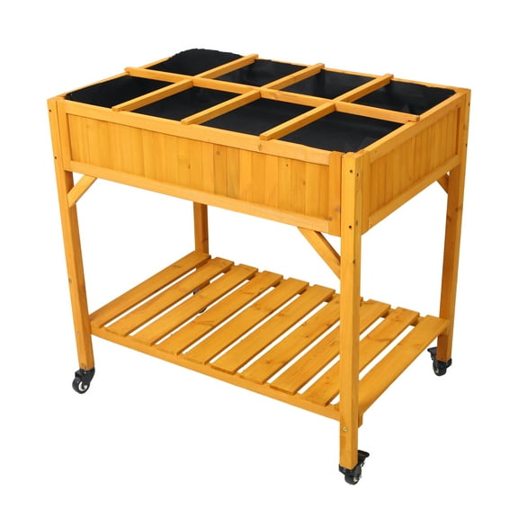 Herb Garden Bed Elevated 8 Pocket, Mobile Raised Wood Planter for Vegetables, Flowers w/ Wheels & Shelf