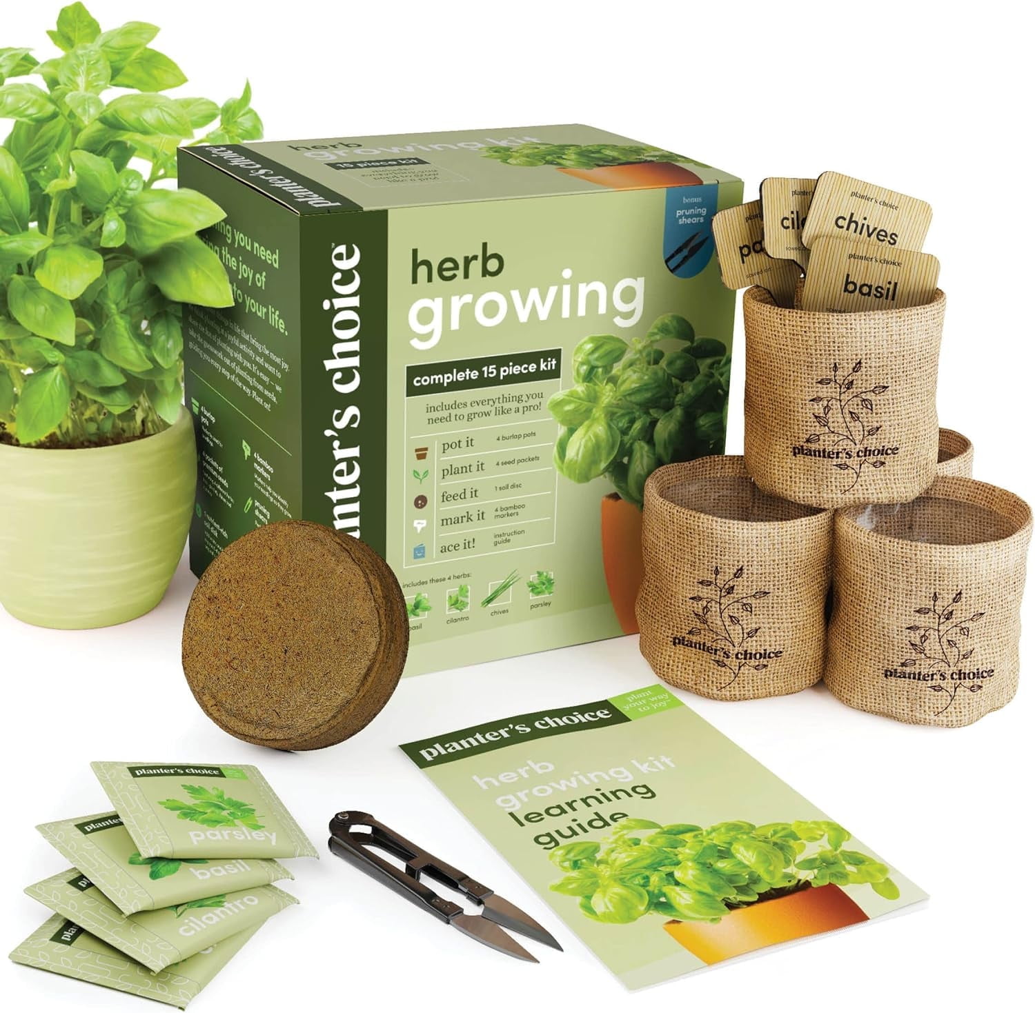 Herb Garden Growing Kit + Herb Grinder - Complete Kitchen Gardening Kit to Easily Grow 4 Culinary Herbs from Seed (Basil, Cilantro, Chives, Parsley) + Comprehensive Guide - Unique Gift for Women & Men