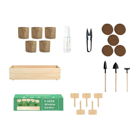 Indoor Herb Garden Kit with Wooden Planter, Professional Mini Plant Starter Set with Biodegradable Pots, Soil, Mini Tools and Seeds for Home Kitchen