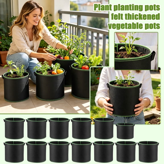Herb Garden Planter, Black Flower Pot, Container Gardening, Plant Grow Bags, 8X8 Inch Thickened 1-Pack Felt Planting Pot with Reinforced Stitching Edges for Breathable Growing of