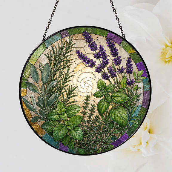 Herb Garden Stained Glass Suncatcher Window Hanging Gift for Mom, Garden Lovers