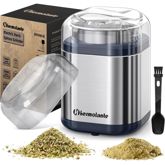 Herb Grinder Spice Grinder, 200 w Herb Grinder with Stainless Steel Blade and Cleaning Brush, Compact Size Electric Grinder for Herbs and Spices -5.11in(Stainless Steel)