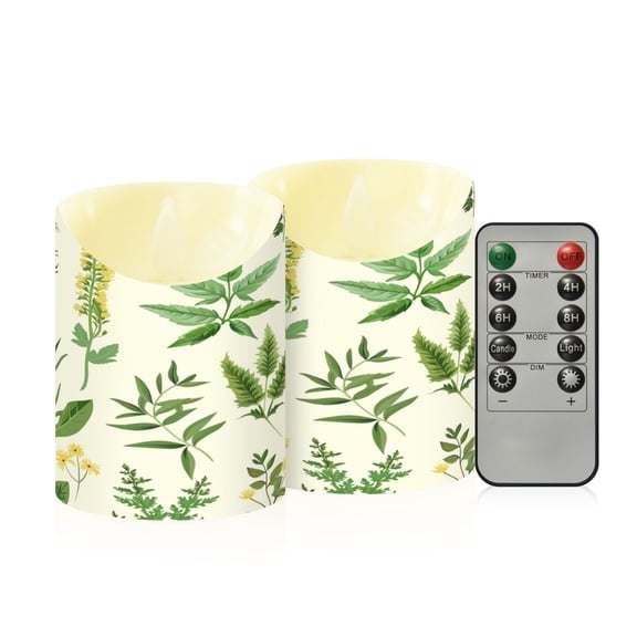 Herb Leaves Flowers Flickering Flameless Candles with Remote Timer Battery Operated LED Tealight Set of 2 S