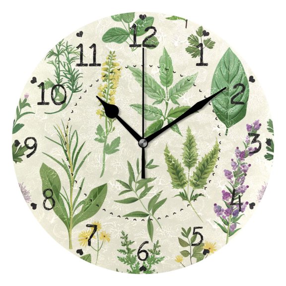 Herb Leaves Flowers Round Wall Clock Silent Analog Battery Operated Black Pointer Home Decor 9.84" Diameter