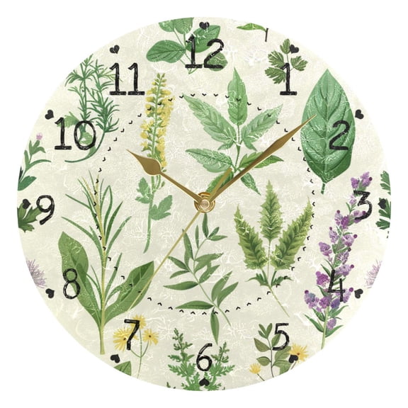 Herb Leaves Flowers Round Wall Clock Silent Analog Battery Operated Gold Pointer Home Decor 9.84" Diameter