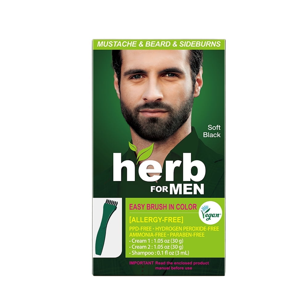 Herb For Men, PPD & Ammonia Free Mustache & Beard Dye, Vegan Natural Ingredients, Odorless, No More Skin Irritations from Coloring for Sensitive Skin – Soft Black