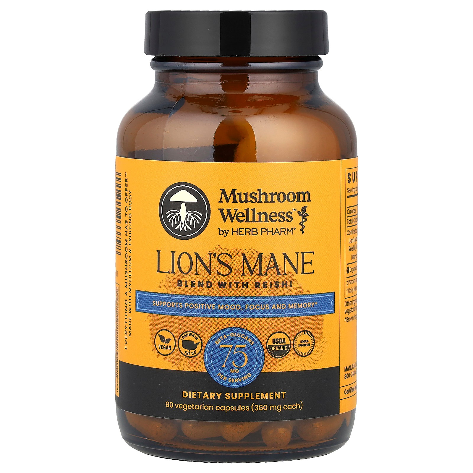 Herb Pharm - Organic Lions Mane Blend with Reishi Mushroom Capsules - 90 Count