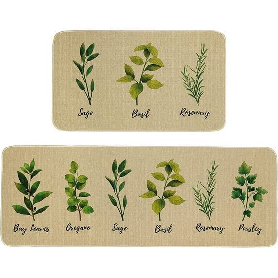Herb Plant Rug Set- Sage/Parsley/Bay Leaves/Rosemary/Basil/Oregano Kitchen Rugs with Runner, Kitchen Mat Set of 2, Kitchen Decor Accessories Things, Floor Mat for Home Kitchen, 17x30 and 17x47 Inch