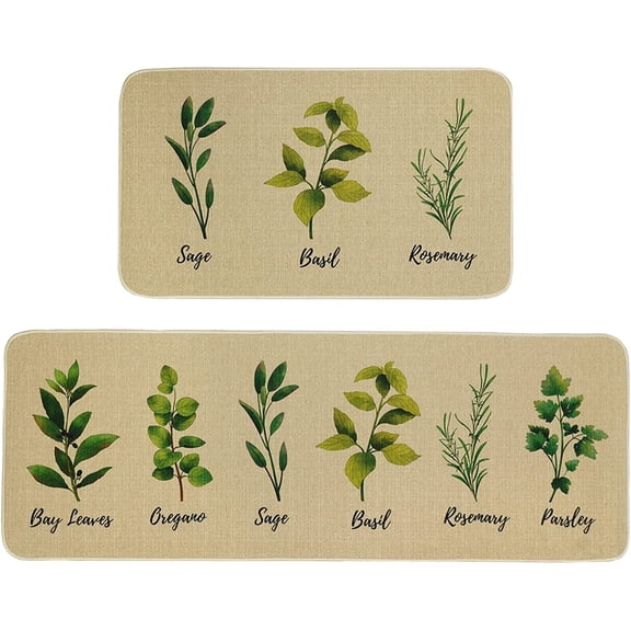 Herb Plant Rug Set- Sage/Parsley/Bay Leaves/Rosemary/Basil/Oregano Kitchen Rugs with Runner, Kitchen Mat Set of 2, Kitchen Decor Accessories Things, Floor Mat for Home Kitchen, 17x30 and 17x47 Inch