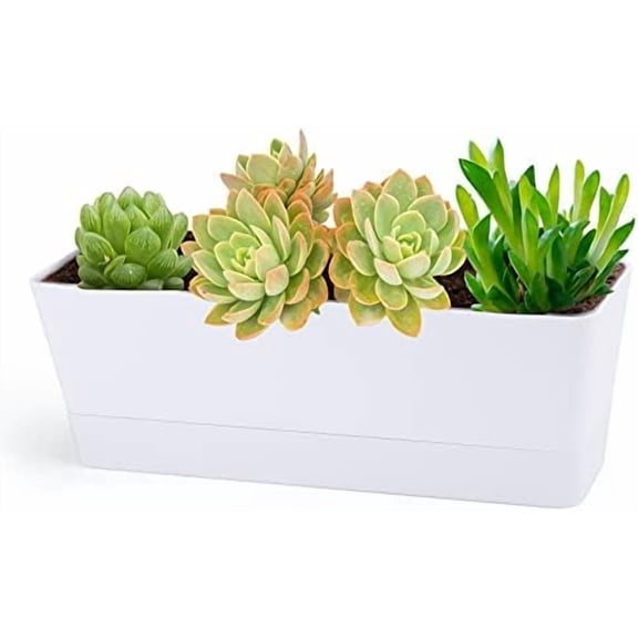 Herb Planter with Tray, 1 Pack 12x3.8 Inch Rectangle Window Box, Indoor Succulent Flowers Succulent Plastic Pot for Windowsill, Garden, Balcony, Office Outdoor Decoration - White