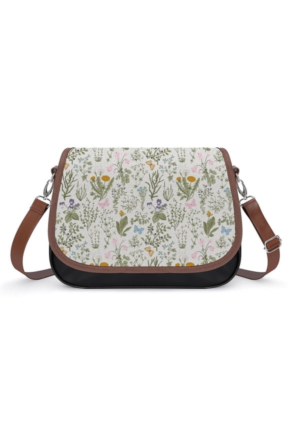 Herb Plants Botanical Leaves with Flower Vintage Crossbody Bag for Women Medium Leather Hobo Bags Shoulder Bag Classic City Leather Satchels