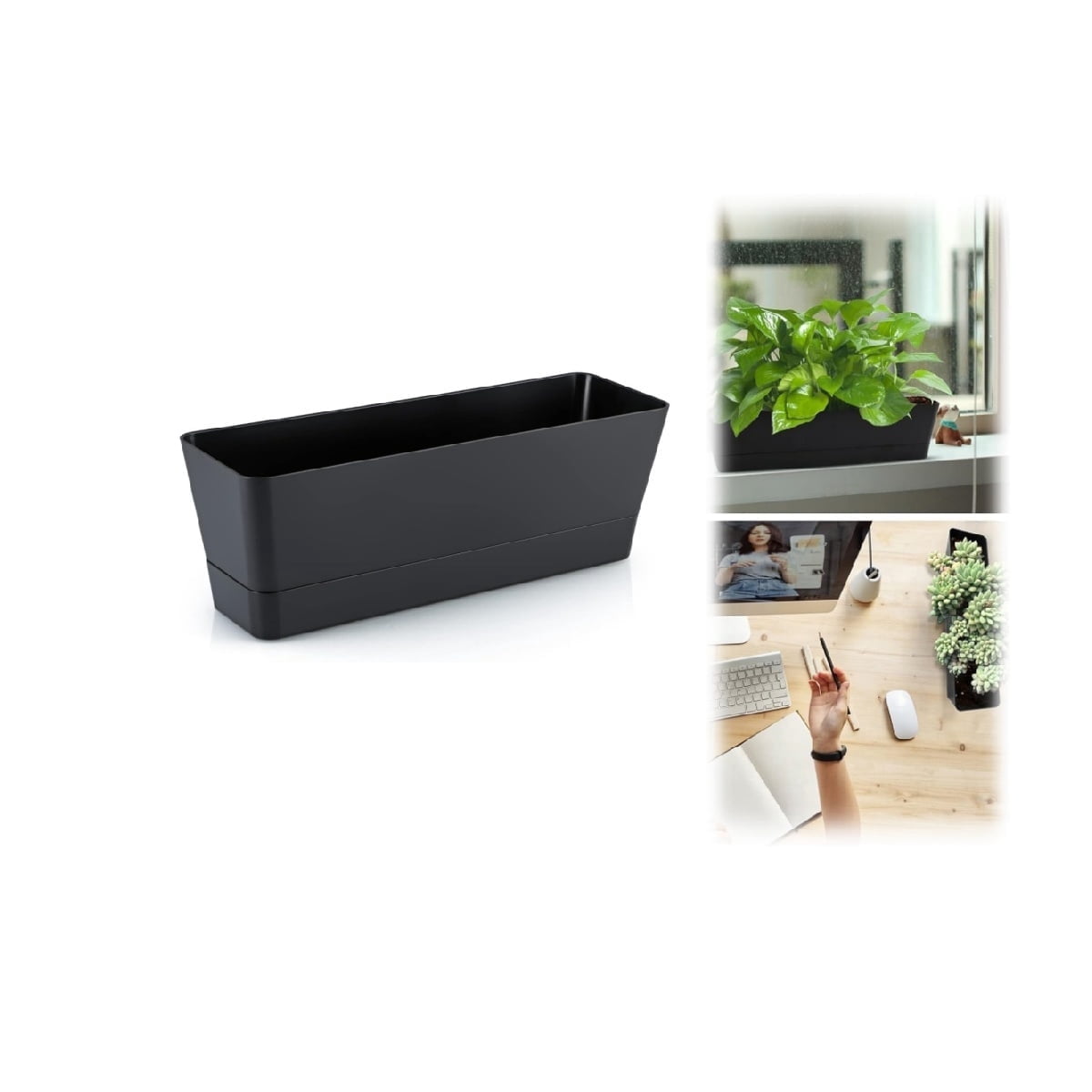 Herb Rectangle Planter,1Pc Self Watering Planter Pot for Deck,Window Boxes with Drainage Holes for Garden,Window,Office Decor,Black