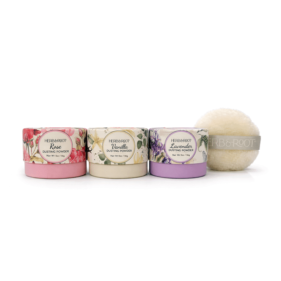 Herb & Root Mini Dusting Powder Trio (Lavender, Rose & Vanilla) with Puff Talc-Free Body Powder Set