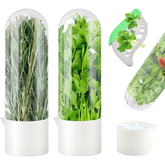 Herb Saver for Refrigerator With Herb Stem Stripping Tool,Herb Keeper & Cilantro Container,Vegetable Preservation Bottle for Cilantro,Parsley,Mint,Keeps Greens for 2-3 Weeks(2PCS)