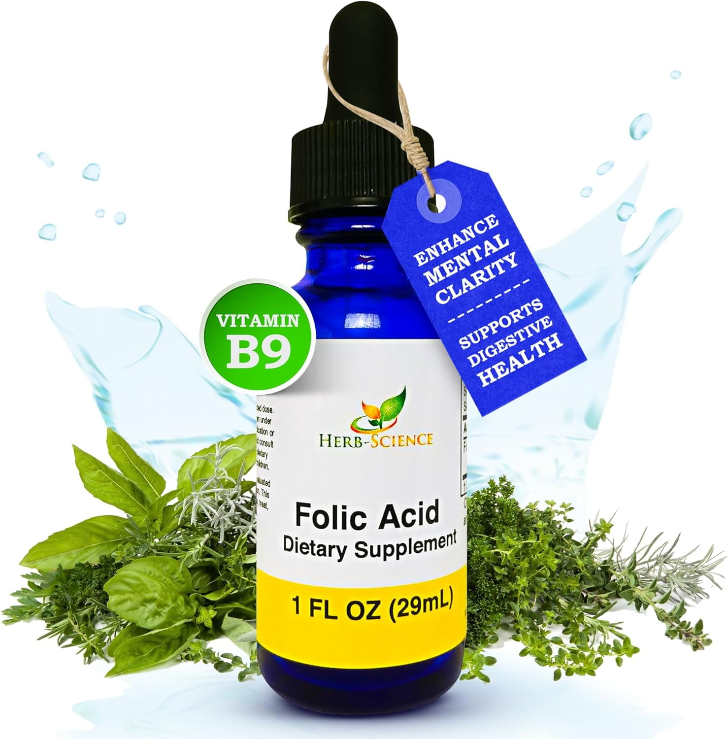 Herb-Science Liquid Vitamin B9 Drops - Folic Acid - Alcohol-Free Liquid Extract
