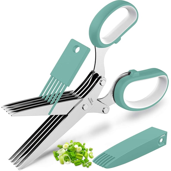 Herb Scissors with 5 Blades and Cover, Kitchen Herb Cutter with Cleaning Comb, Stainless Steel Multi Blade Herb Shears for Basil Parsley Cilantro, Easy Clean Cooking Tool, Unique Kitchen Gadgets Gift