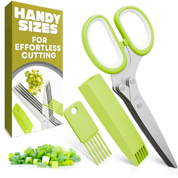 Herb Scissors with 5 Blades and Cover – Stainless Steel Herb Cutter for Fast & Precise Cutting, Compact, Easy-to-Store Design – Ergonomic Handle & Cleaning Brush for Quick and Comfortable Kitchen