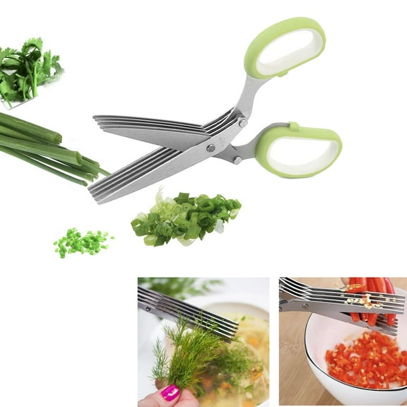 Herb Scissors Chop Herbs Easily with 5 BLADE Scissors Onion Cutter Kitchen Tool , Kitchen Scissors for Cutting Herbs and Papers (Green)