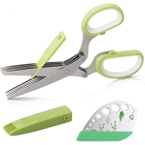 Herb Scissors Herb Stripper Set, Plutput Stainless Steel Herb Cutter Tools 5-Blades Scissors with Herb Stripping Tool, Safe Cover, Cleaning Comb Multi-blade Herb Shears 2 in 1 Herb Tools Kits