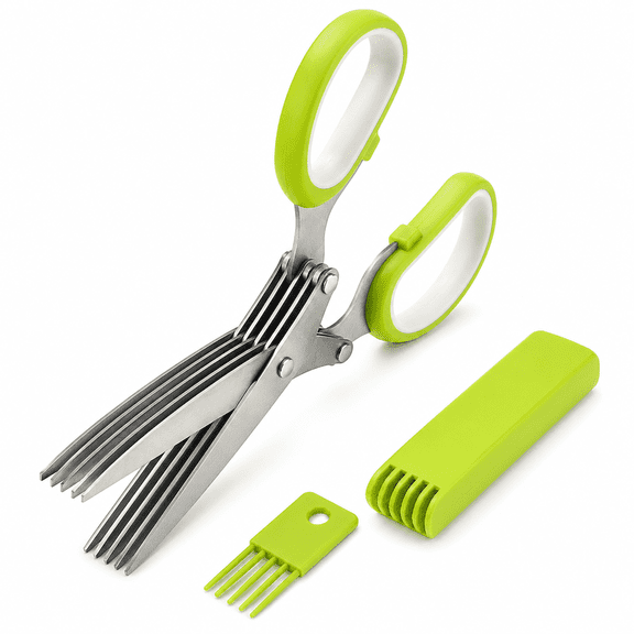 PLERISE Multipurpose 5-Blade Kitchen Herb Shears Herb Cutter with Safety Cover and Cleaning Comb, Ideal for Chopping Basil, Chive, Parsley and Other Herbs (Green)