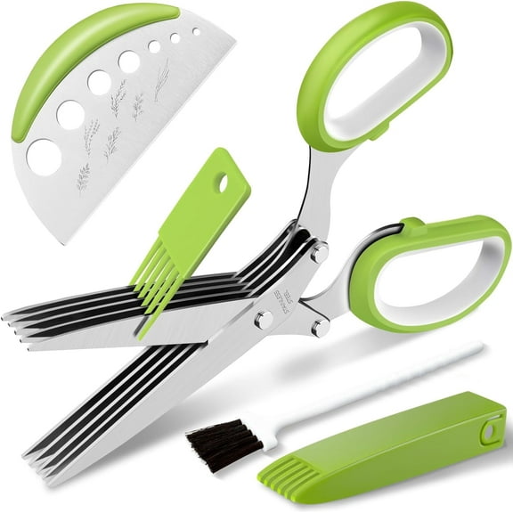 Herb Scissors, Premium Stainless Steel 5 Blade Kitchen Salad Scissors Dishwasher Safe, Sharp and Convenient 5 Blade Kitchen Scissors with Safety Cover, Herb Stripping Tool and Cleaning Comb