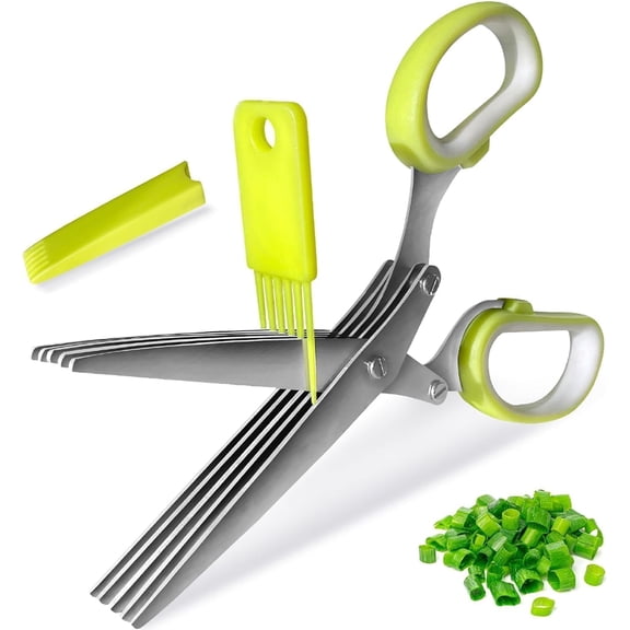 Herb Scissors, Shallot Scissors, Multipurpose 5 Blade Kitchen Herb Shears, Herb Cutter with Safety Cover and Cleaning Comb for Chopping Shallot Basil Chive Parsley
