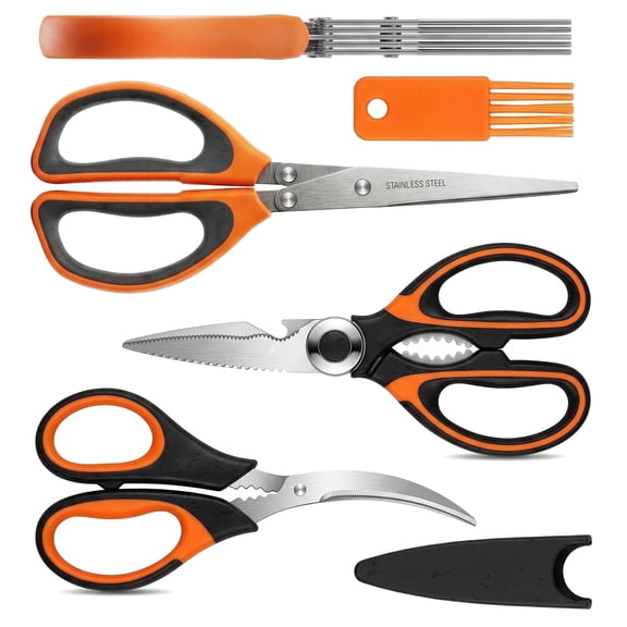 Herb Scissors Kitchen Scissors Set Anti-Rust Stainless Steel Heavy Duty Food Shears with 5 Blades Chive Cutter Razor Sharp Poultry Shears Seafood Scissors Blade Cover Cooking Brush Dishwasher Safe