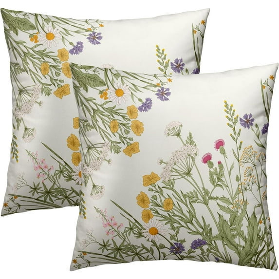 Herb Wildflowers Throw Pillow Covers Set of 2, 16x16 Inch Vintage Botanical Floral Leaves Square Zipper Closure Pillowcases for Living Room Bedroom Sofa Couch Bench Seasonal Decor