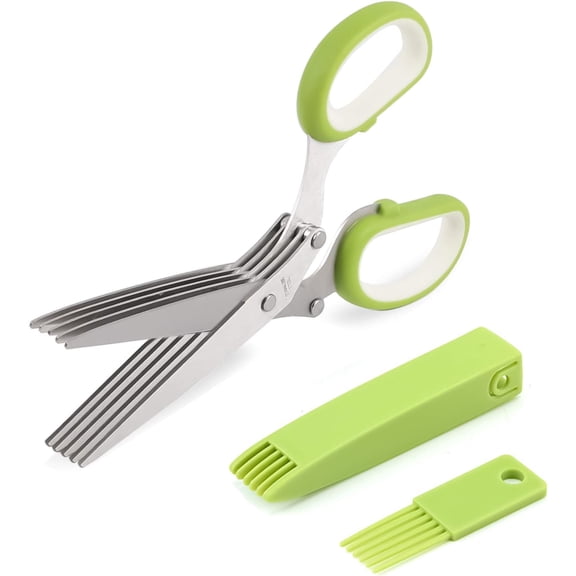 Herb scissors, Multipurpose Cutting Shears with 5 Blade Kitchen Salad Scissors, Safety Cover and Cleaning Comb for Chopping Cilantro Onion Basil Chive Parsley, Green