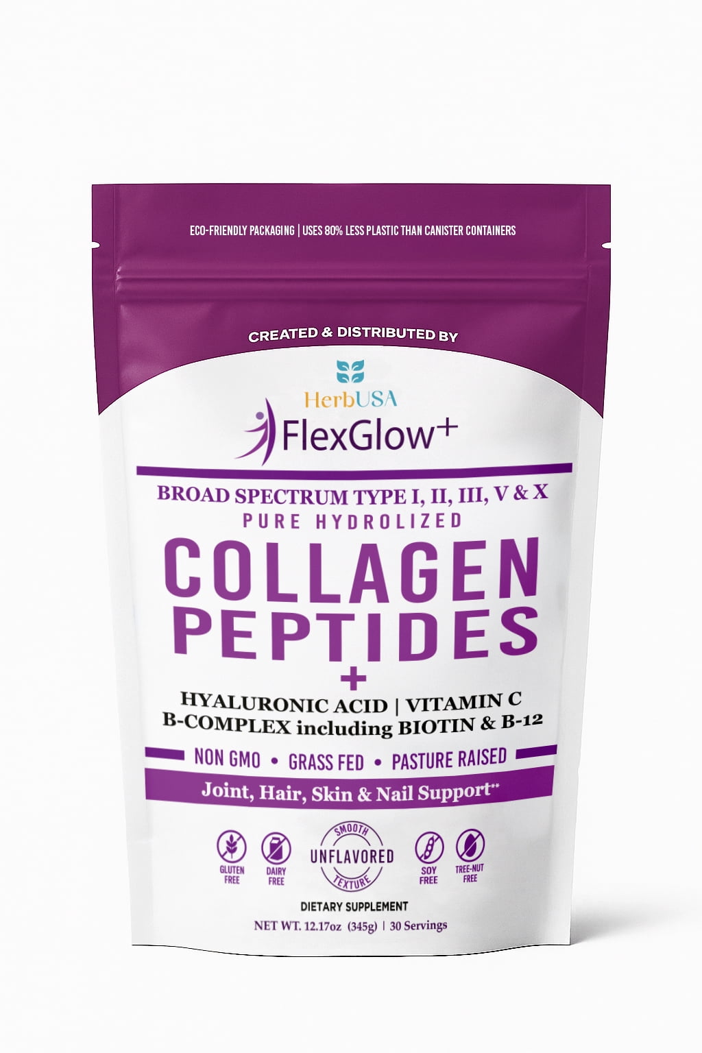 HerbUSA FlexGlow+ Collagen Peptides – Broad Spectrum (I, II, III, V, X) – Hyaluronic Acid, Biotin & Vitamin C - Hair, Skin & Joint Support – 30 Servings (12.17oz) (12.17 oz, Unflavored)