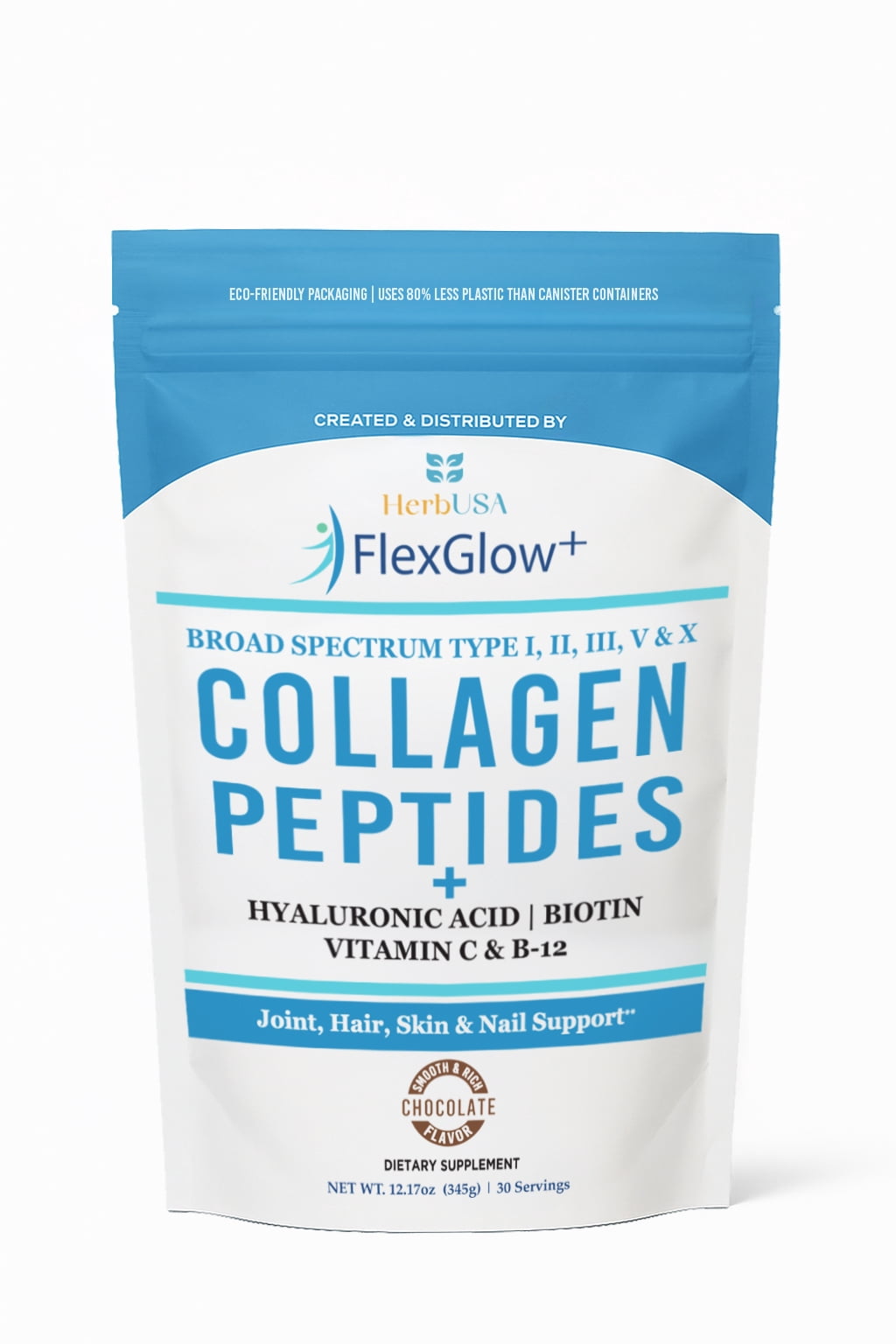 HerbUSA FlexGlow+ Collagen Peptides – Chocolate - Broad Spectrum (I, II, III, V, X) – 6,900mg – Hyaluronic Acid, Biotin & Vitamin C – Hair, Skin & Joint Support – 30 Servings (12.17oz)